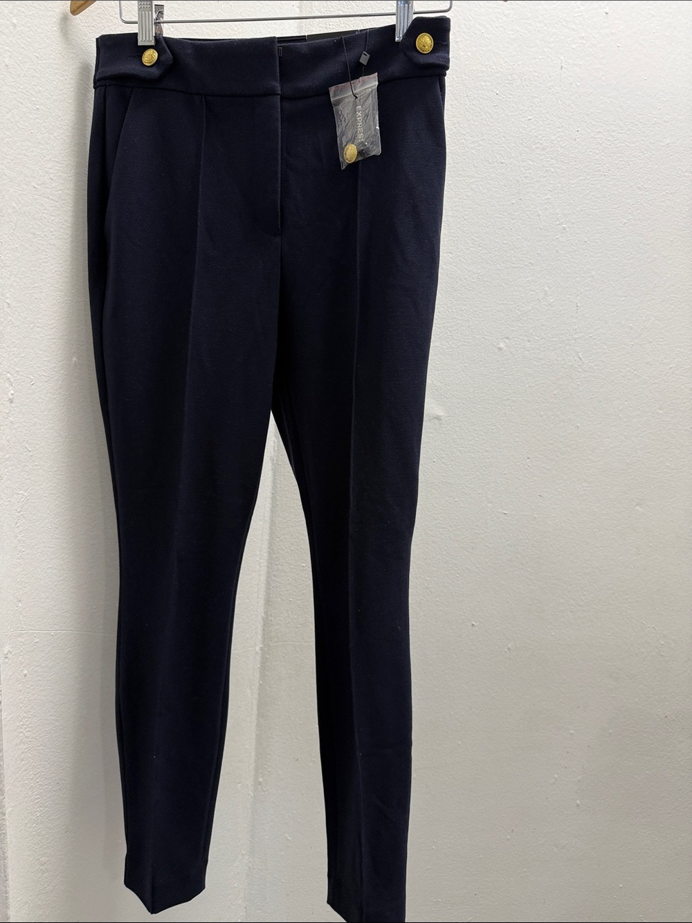Express Navy Tapered Dress Trousers with Gold Buttons
